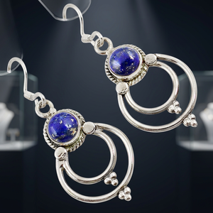 Boucles d'oreilles pendantes ethniques classiques tendance en argent sterling 925 avec pierre précieuse originale Lapis Lazuli, pierre de naissance de septembre, cadeau de fête - Product Image 3