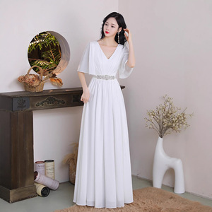 White Evening Gown Long Dress For Women Stage Performance Coming Of Age Ceremony - Product Image 3
