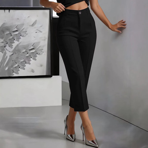 Pantalon de costume taille haute pour <span class=keywords><strong>femme</strong></span>, coupe slim droite, longueur cheville, avec bouton central sur le devant et fermeture éclair, personnalisable - Product Image 3
