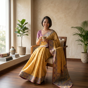 Trending stylish designer Soft Chinnon with beautiful print Gold Zari and <b>Ribbon</b> work saree collection - Product Image 1