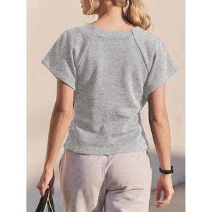 Womens Short Sleeve Crop Top <b>Tie</b> Front Wrap Crew Neck Casual Sweatshirt Solid Color Regular Fit Lightweight Comfortable - Product Image 5