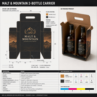 Boîte cadeau personnalisée en carton ondulé E-Flute pour deux bouteilles de whisky avec séparateur central, poignée découpée et impression couleur intégrale