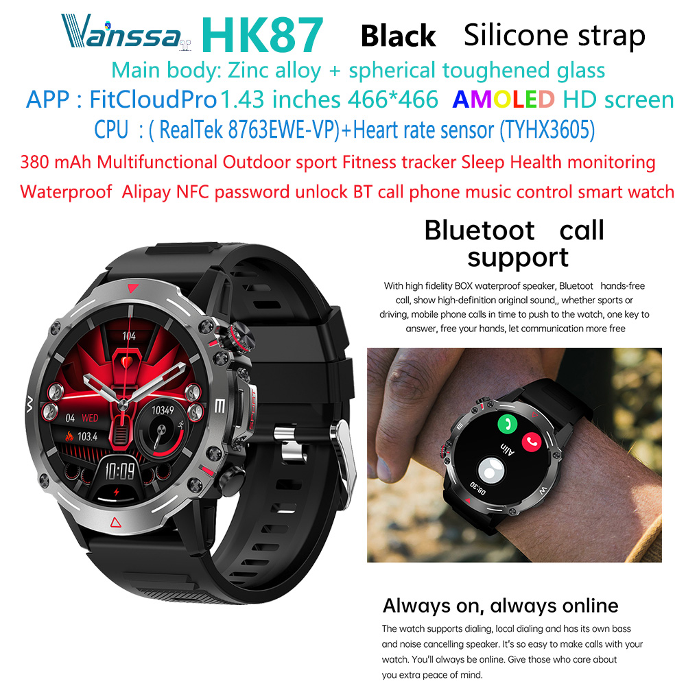HK87-AMOLED-NFC-sport-smart-watch สีดำ