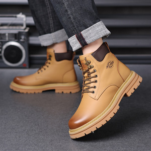 Bottes d'hiver pour hommes mi-mollet en cuir pleine fleur véritable doublées en polaire de laine et coton, respirantes, imperméables, décontractées, jaunes - Product Image 4