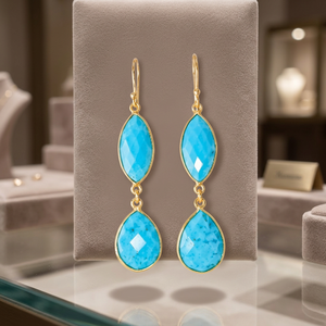 Nouveauté : Boucles d'oreilles pendantes en argent plaqué or 925 avec pierres précieuses turquoise en forme de poire et de marquise - Product Image 3