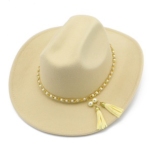 10 <span class=keywords><strong>colores</strong></span> nueva moda elegante perla cadena fieltro <span class=keywords><strong>sombrero</strong></span> de vaquera mujeres ganado occidental <span class=keywords><strong>vaquero</strong></span> sombreros para mujeres - Product Image 4