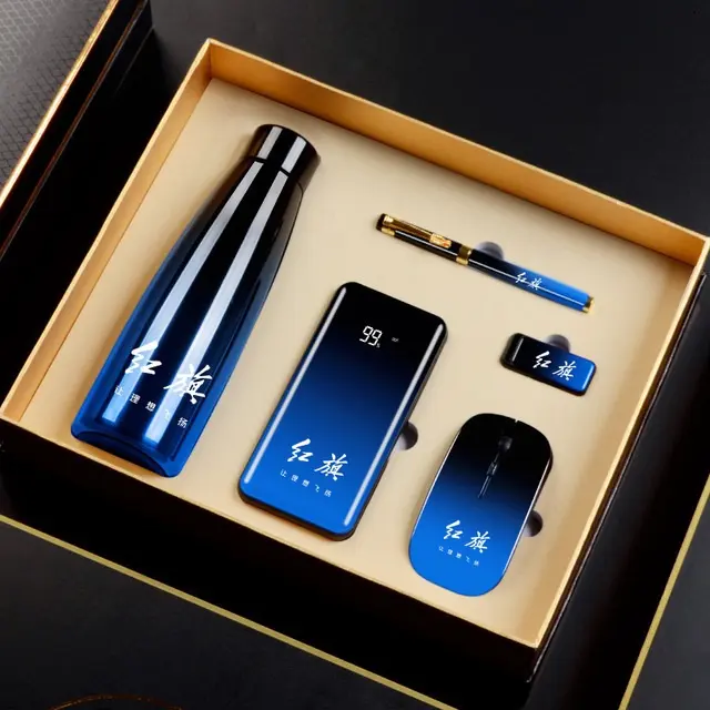 New arrival Gorgeous color change Bottle+power bank+mouse+Pen+U flash driver gift box set corporate gift set