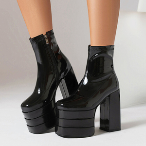 Botines de Plataforma Gruesa de Triple Capa Talla Grande 46 de Ajuste Ancho para Mujer, Zapatos de Tacón Alto Grueso de Charol, Botines Cortos Elegantes - Product Image 3