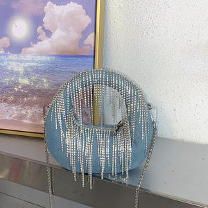 半月形流浪汉牛仔裤手提包牛仔流苏水钻手提包水钻流苏钱包女女士饺子月牙手包 - Product Image 2