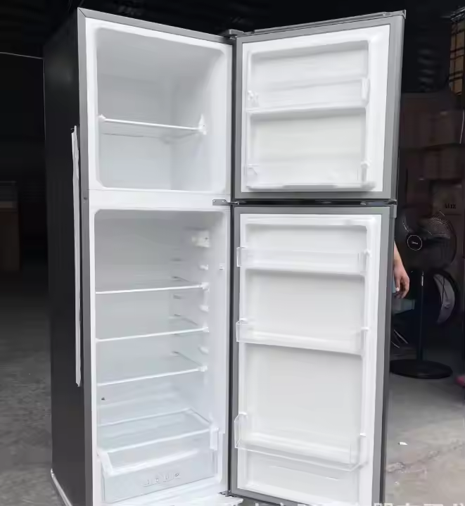 261L double-door stainless steel refrigerator with bottom freezer, suitable for home and hotel use, electric compressor cooling.