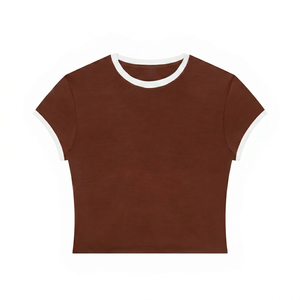 Camiseta Ringer Corta para Mujer, Ajustada, con Cuello en Contraste, de Algodón Casual, Estilo Baby Tee, de Moda - Product Image 1
