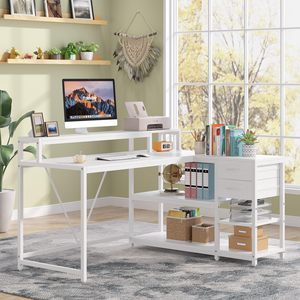 <span class=keywords><strong>Escritorio</strong></span> de Madera Plegable en Forma de L con Cajones de Almacenamiento y Estantes, Soporte para Monitor de 55" x 24", <span class=keywords><strong>Escritorio</strong></span> para Juegos para Oficina en Casa - Product Image 6
