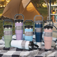 Coffret Cadeau Tasse Thermique Classique Double Paroi 30oz en Acier Inoxydable 304, Gobelet Isotherme Portable avec Poignée et Paille, Écologique