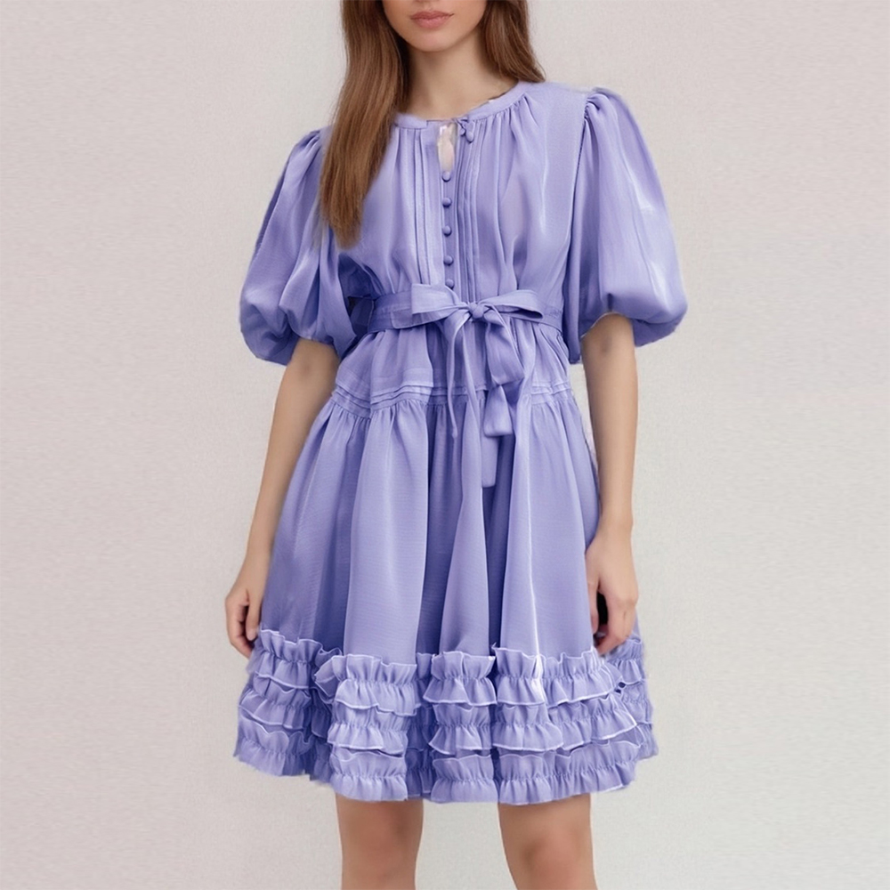 Brand Customization Solid Loose Casual Mini Dress Women Short Sleeve  Lace-up Spliced Ruffles Above Knee Fashion Style Dress| Alibaba.com