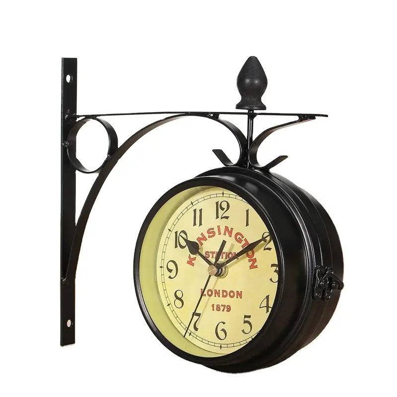 משלוח חינם צ'רמינר בציר דקורטיבי דו צדדי שעון קיר מתכת בסגנון עתיק תחנת שעון קיר שעון קיר תלוי Bla