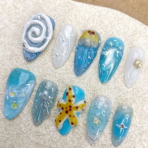 10 pièces <span class=keywords><strong>manucure</strong></span> faite à la main moyenne amande peinte à la main Floral court amande couverture complète acrylique <span class=keywords><strong>faux</strong></span> <span class=keywords><strong>ongles</strong></span> avec ensemble de lime à <span class=keywords><strong>ongles</strong></span> adhésif - Product Image 4