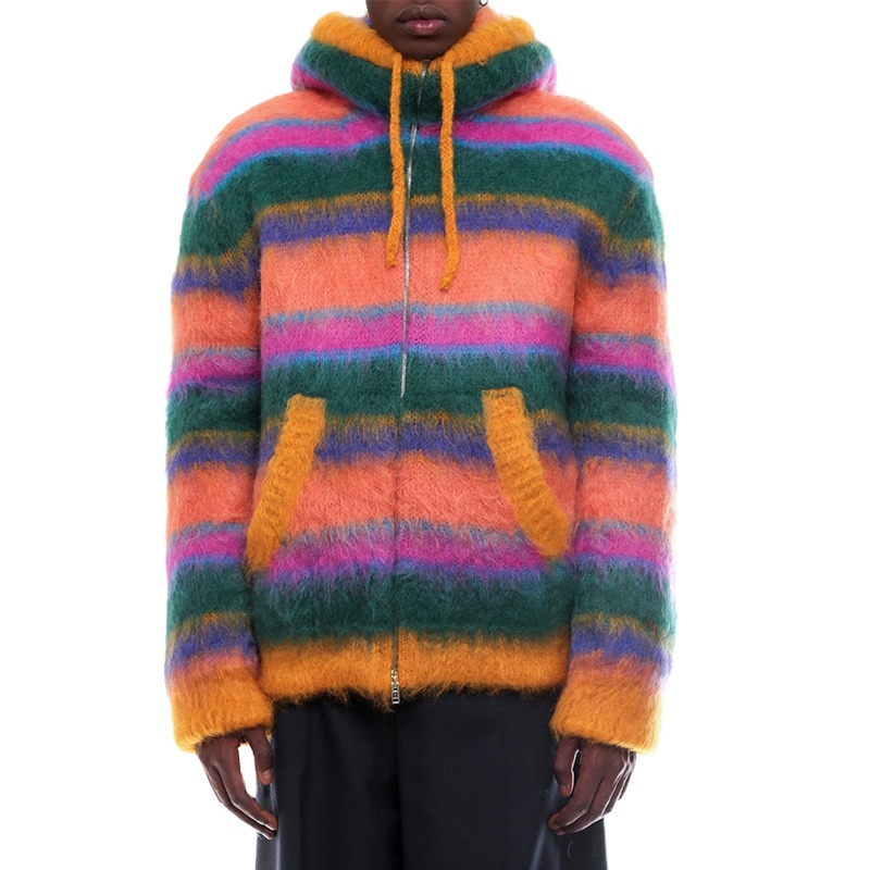 2022 Custom OEM & ODM mohair men sweater Fuzzy knitwear winter Striped mohair blend hooded knit custom Cardigan knitted sweater