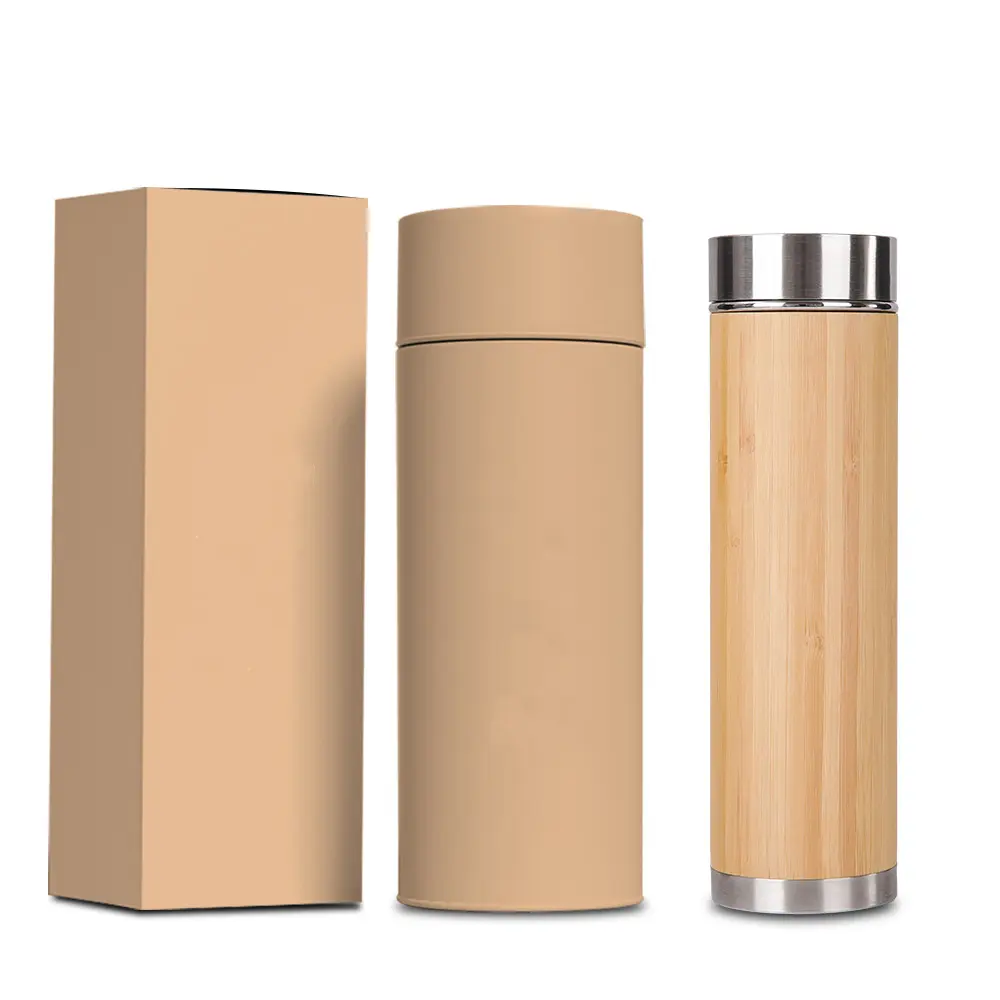 Eco-friendly Insulated Vacuum Stainless Steel Bamboo Water Bottle 500ml Double Walled Coffee Tea Infuser Tumbler