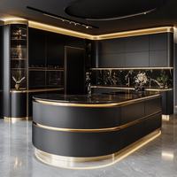 Armoire de cuisine intelligente de luxe CBMmart, finition bois massif, îlot incurvé, armoire ouverte, plan de travail en quartz