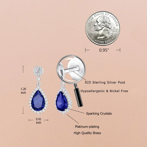 Platinum Plated Brass Double Halo Pear Sapphire Blue Crystal Drop <b>Earrings</b> 925 Silver <b>Post</b> Wedding Party Gift Jewelry Wholesale - Product Image 4