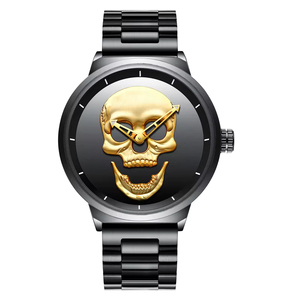 Montre-bracelet à quartz pour homme en acier inoxydable, cadran crâne 3D sculpté, verre saphir, style punk tendance et hip-hop, vente en gros - Product Image 4