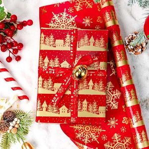 Christmas Wrapping <b>Paper</b> Red and gold double-sided wrapping <b>paper</b> Gold Christmas tree snowflake and house <b>pattern</b> wrapping <b>paper</b> - Product Image 1