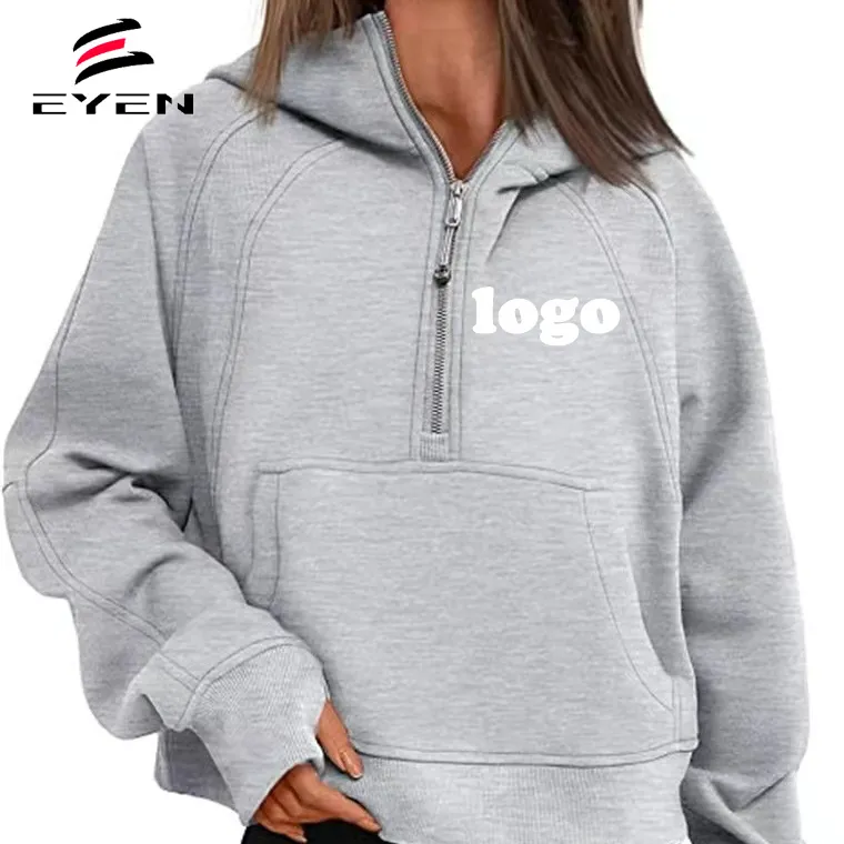 Conyson nuevo diseño alta calidad impresión personalizada Logo media cremallera con capucha pulóver poliéster liso mujer sudadera sudaderas con capucha