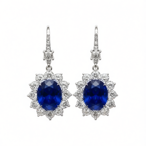 Boucles d'oreilles Tiffany classiques en or blanc avec saphir bleu taille ovale et diamants de couleur D, avec diamants naturels certifiés, pour mariage, pour femme - Product Image 1