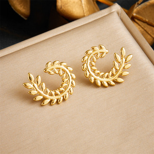 Gold Plated Wheat Earrings <b>Huggie</b> Stainless Steel Fashion Dangle Earrings Plant Shape E6055 - Product Image 1