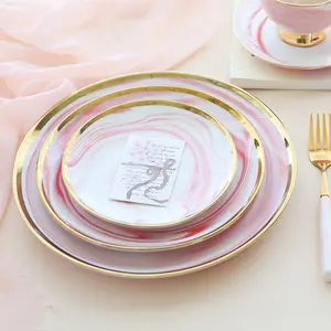 大理石图案北欧陶瓷板带金边白瓷餐具批发餐具套装大理石服务粉色灰色托盘