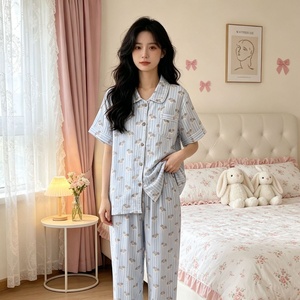 <span class=keywords><strong>Pijama</strong></span> de mujer de algodón 100% puro de doble capa de gasa, de manga corta y pantalón largo, transpirable, con estampado de dibujos animados, para el hogar, delgada, <span class=keywords><strong>verano</strong></span> 2026 - Product Image 3