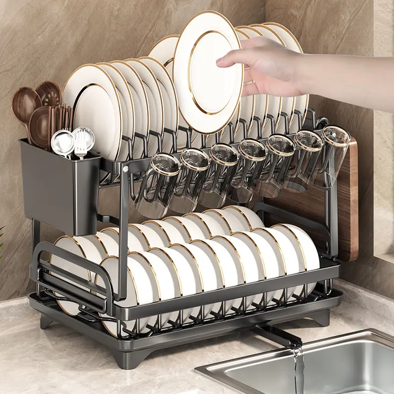 Best Selling 2-tier Black Iron Tableware Drying Rack With Water Drain Board And Utensil Storage Holder Kitchen Organizer