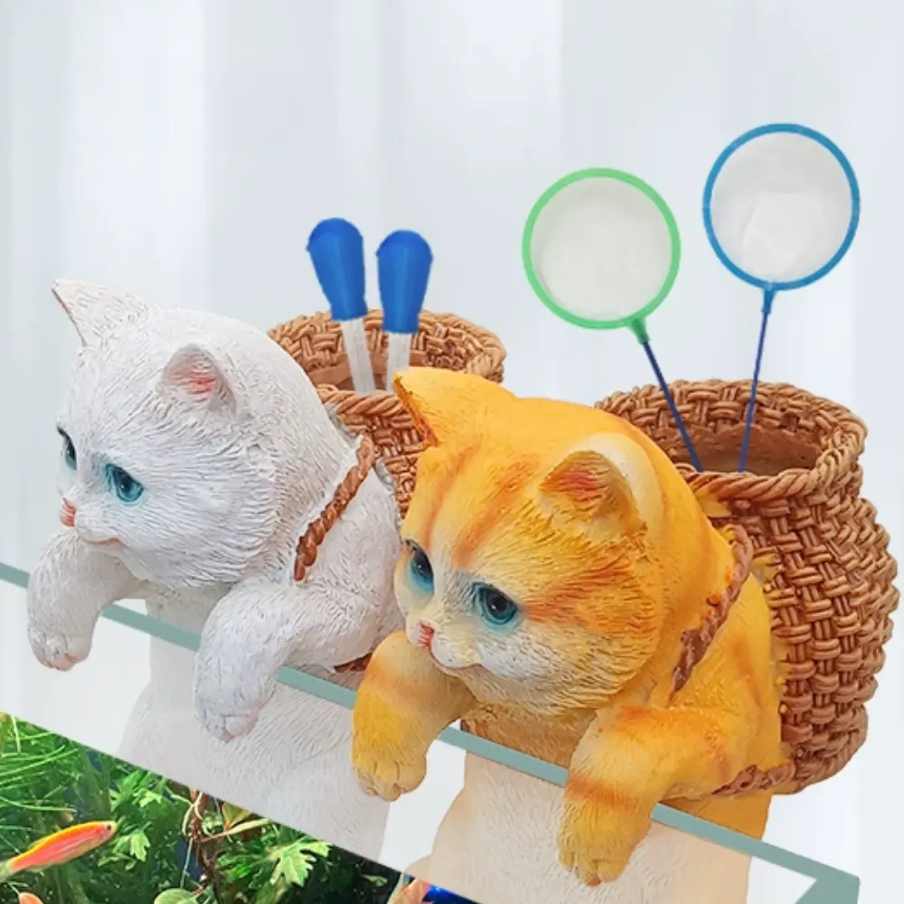 Cute Cat Figurines Aquarium Ornament Fish Tank Decorations with Storage Basket