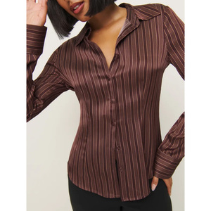 Camicetta autunnale aderente in stile acetico da donna con bottone a scollo a V lungo stampato Casual stile ufficio a righe - Product Image 1