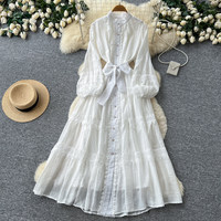 Robe longue élégante pour femmes WIWT, rouge, avec empiècements en dentelle, coupe trapèze, col montant, manches lanternes, ceinture, robe de soirée décontractée pour femmes