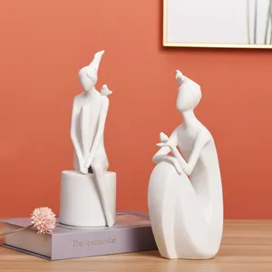 Nordic Creative Character Girl And Bird Figurine Ceramic Abstract Women Living Room Home Decorative Accents