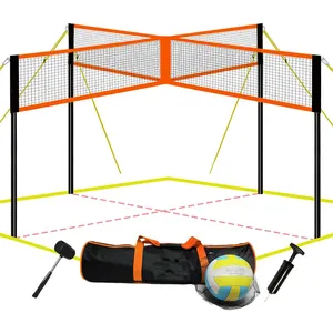 4-Way Volleyball and Badminton Combo Net with Volleyball, Hammer and Bag - Adjustable Height Four Square Volleyball Game Set