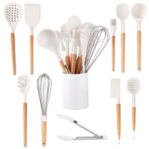 Non-stick Cooking Kitchen Gadgets Tools Silicone Utensils Set Heat Resistant Wooden 11pcs Color Box Silicone Spoon 16sets