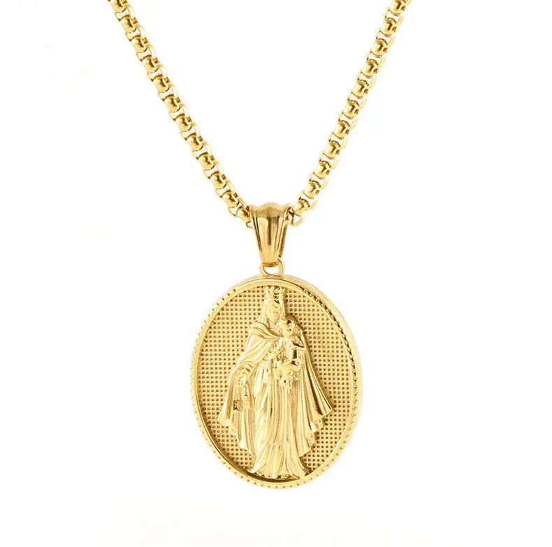 Hip Hop Maria Oval Necklace Titanium Steel Virgin Mary Pendant Necklace for Women