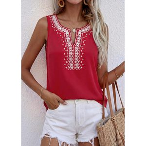 Womens Tank <b>Tops</b> Sleeveless V Neck Embroidered Boho <b>Top</b> Summer Casual Wear White Cotton Breathable Beach Vacation Style - Product Image 3