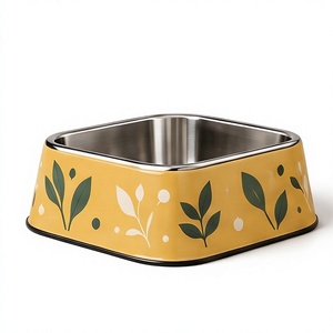 Gamelle carrée moderne en métal émaillé motif feuille botanique pour animaux de compagnie, anti-renversement, avec base en caoutchouc antidérapante, pour chiens et chats, vente en gros - Product Image 1