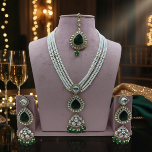 Latest Arrival Classic Antique <b>Gold</b> Plated Pearl Long <b>Set</b> Flower Design Green Stone Pendant Women's Necklace/Earrings <b>Set</b> Party - Product Image 3