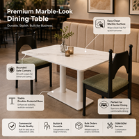 Ensemble de salle à manger commercial, chaises vertes sauge et table aspect marbre avec base à double piédestal pour café et restaurant