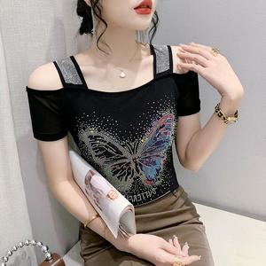 Camiseta de verano exquisita <span class=keywords><strong>con</strong></span> pedrería, de doble capa, de seda helada y malla, de manga corta, a <span class=keywords><strong>la</strong></span> moda, <span class=keywords><strong>con</strong></span> hombros descubiertos y <span class=keywords><strong>espalda</strong></span> hermosa - Product Image 3