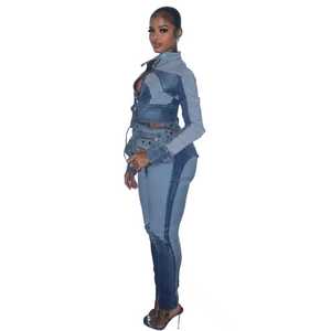 Completo Due Pezzi Stile Jeans con Tasche Colorate, Outfit in Denim per Donne, Abbigliamento Casual Elasticizzato alla Moda - Product Image 5