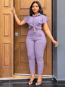 여성 캐주얼 투피스 세트 프릴 짧은 소매 옷깃 칼라 셔츠 + 하이 웨이스트 긴 연필 바지 패션 봄 여름 세트 - Product Image 6