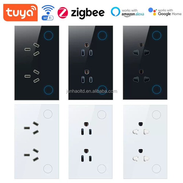 AU/US/Universal Smart Home Wall Sockets USB A&C Tempered Glass Touch Switch 100-240v Power Memory Remote 15A 16A WiFi Compatible