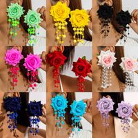 Pendientes de Flores de Rosa Grandes y Coloridos de Tela, Pendientes de Cuentas con Borlas de Flores para Fiestas Dulces