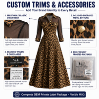 Gaun Maxi Wanita Motif Leopard dengan Lengan Jala Transparan dan Kancing Depan, Produsen Label Pribadi