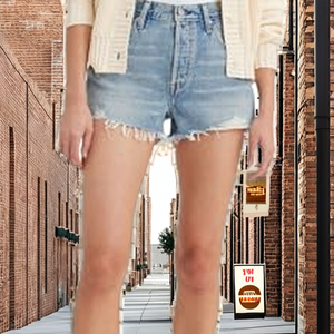 <span class=keywords><strong>Short</strong></span> <span class=keywords><strong>en</strong></span> <span class=keywords><strong>jean</strong></span> droit taille mi-haute vintage coupe régulière finition délavée 32W pour femme - Product Image 3